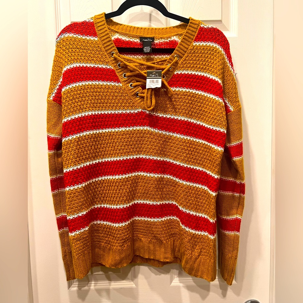 Rue 21 sweater women M multicolor striped tie front Y2K preppy modern new